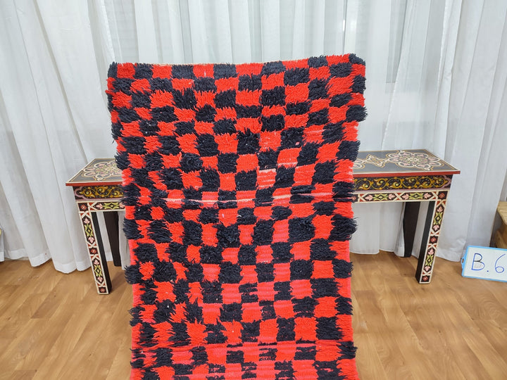 authentic moroccan rug,  tribal runner rug, checkered handmade rug, unique moroccan carpet, berber sheep wool rug, red and black rug.