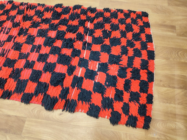 authentic moroccan rug,  tribal runner rug, checkered handmade rug, unique moroccan carpet, berber sheep wool rug, red and black rug.