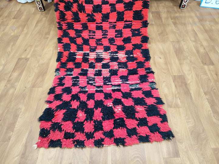 authentic moroccan rug,  tribal runner rug, checkered handmade rug, unique moroccan carpet, berber sheep wool rug, red and black rug.