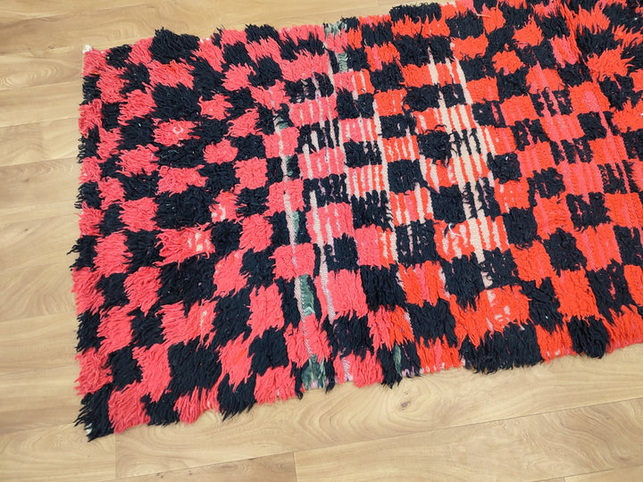 authentic moroccan rug,  tribal runner rug, checkered handmade rug, unique moroccan carpet, berber sheep wool rug, red and black rug.