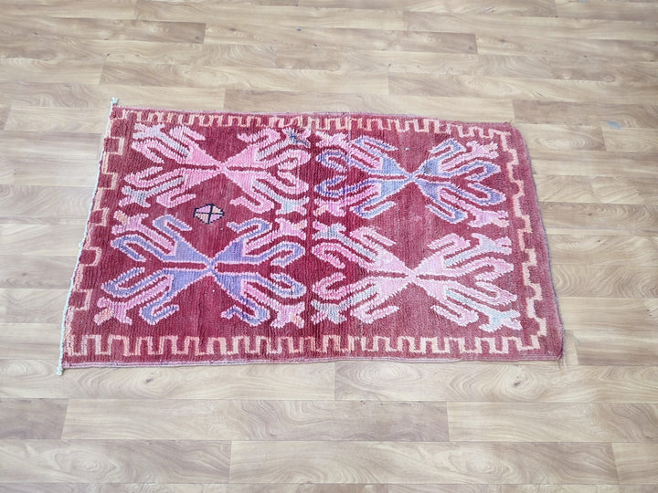 amazing moroccan rug,  handmade carpet, tribal berber rug, abstract maroon and pink rug, small sheep wool rug, wall hanging carpet.