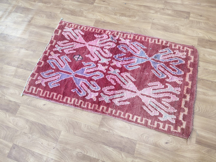 amazing moroccan rug,  handmade carpet, tribal berber rug, abstract maroon and pink rug, small sheep wool rug, wall hanging carpet.