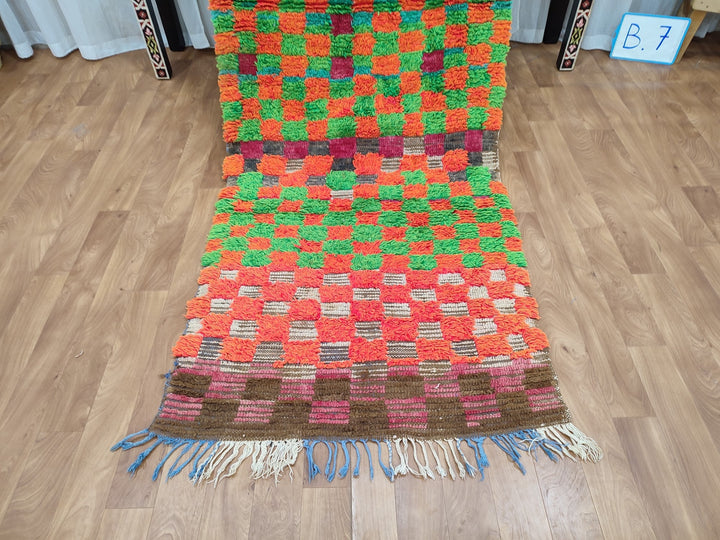 gorgeous moroccan rug, handmade  rug, authentic checkered rug, sheep wool rug, handwoven green and orange rug, tribal berber carpet.