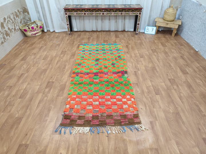 gorgeous moroccan rug, handmade  rug, authentic checkered rug, sheep wool rug, handwoven green and orange rug, tribal berber carpet.