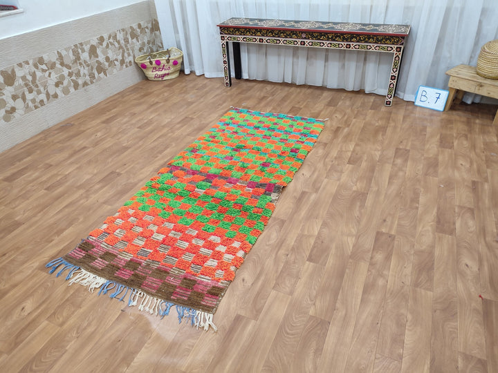 gorgeous moroccan rug, handmade  rug, authentic checkered rug, sheep wool rug, handwoven green and orange rug, tribal berber carpet.