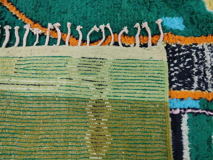 AMAZING BOUJAAD RUG, Moroccan Handmade Carpet, Boujaad Berber Rug, Large Green And Orange Rug, Tribal Abstract Rug, Moroccan Sheep Wool Rug.