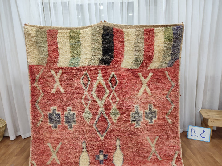 Fabulous Boujaad Rug, Moroccan Handmade Rug, Authentic Geometric Rug, Tribal Red And Green Rug, Berber Symbols Carpet, Sheep Wool Rug.