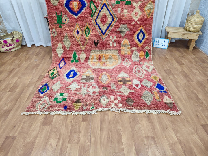 ARTISTIC BOUJAAD RUG, Moroccan Handmade Carpet, Tribal Berber Rug, Geometric Boujaad Rug, Handwoven RedGreen Rug, Authentic Sheep Wool Rug.