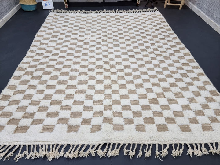 MOROCCAN BENIOURAIN RUG, Handmade Rug, Berber Rug, Wool Rug, Tan  White Checkered Rug, Custom Rug, Small Checkes Rug, Tued Rug, Area Rug