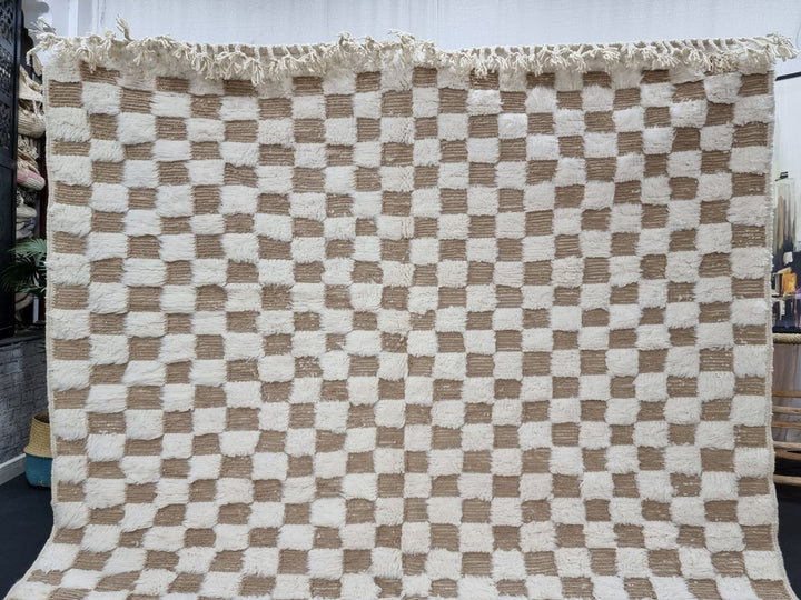 MOROCCAN BENIOURAIN RUG, Handmade Rug, Berber Rug, Wool Rug, Tan  White Checkered Rug, Custom Rug, Small Checkes Rug, Tued Rug, Area Rug