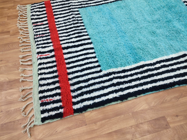 Artistic Boujaad Rug, Moroccan Handmade Carpet, Black And Turquoise Rug, Berber Striped Rug, Tribal Sheep Wool Rug, Handwoven Boujaad Rug.