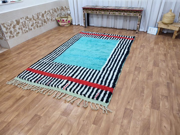 Artistic Boujaad Rug, Moroccan Handmade Carpet, Black And Turquoise Rug, Berber Striped Rug, Tribal Sheep Wool Rug, Handwoven Boujaad Rug.