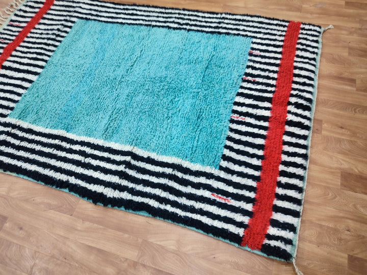 Artistic Boujaad Rug, Moroccan Handmade Carpet, Black And Turquoise Rug, Berber Striped Rug, Tribal Sheep Wool Rug, Handwoven Boujaad Rug.