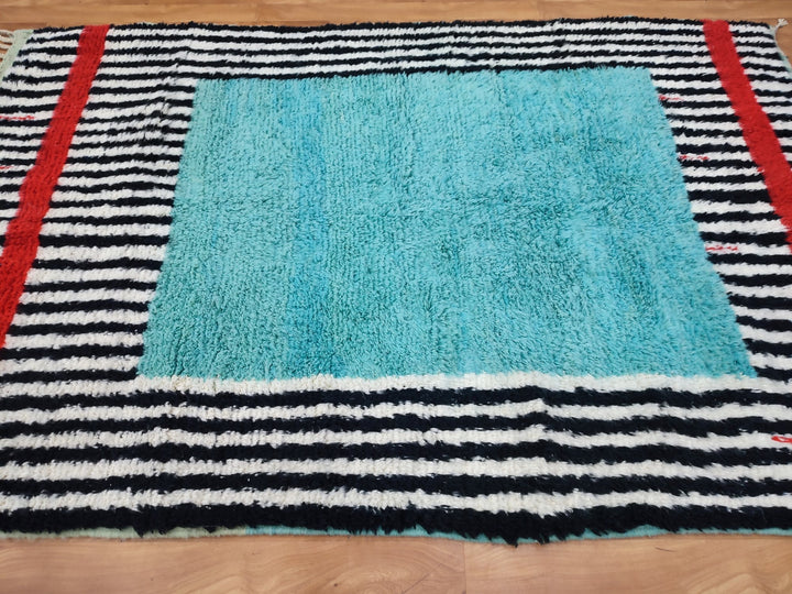 Artistic Boujaad Rug, Moroccan Handmade Carpet, Black And Turquoise Rug, Berber Striped Rug, Tribal Sheep Wool Rug, Handwoven Boujaad Rug.