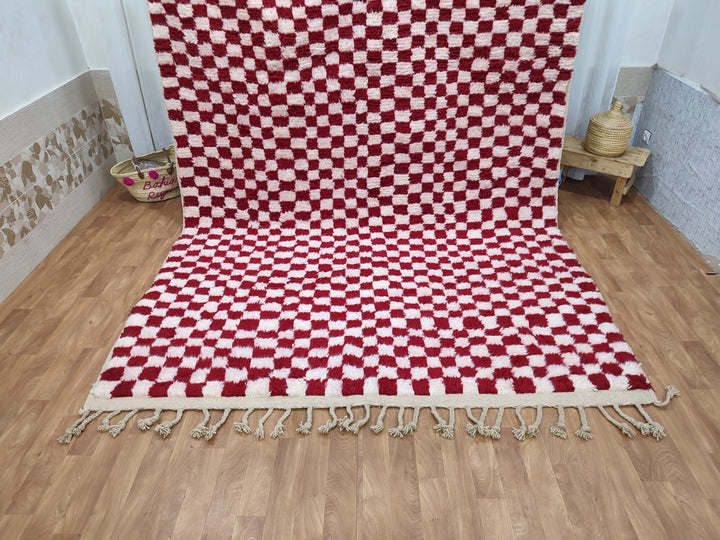 FABULOUS MOROCCAN RUG, Handmade Berber Carpet, Tribal Checkered Rug, Red And White Rug, Handwoven Sheep Wool Rug, Authentic Moroccan Rug.