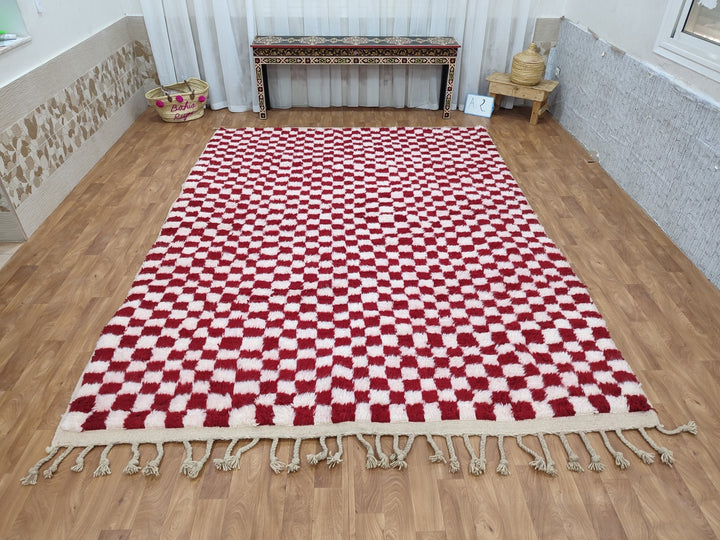 FABULOUS MOROCCAN RUG, Handmade Berber Carpet, Tribal Checkered Rug, Red And White Rug, Handwoven Sheep Wool Rug, Authentic Moroccan Rug.