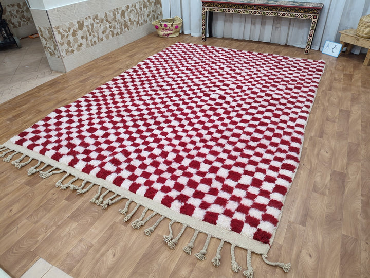 FABULOUS MOROCCAN RUG, Handmade Berber Carpet, Tribal Checkered Rug, Red And White Rug, Handwoven Sheep Wool Rug, Authentic Moroccan Rug.