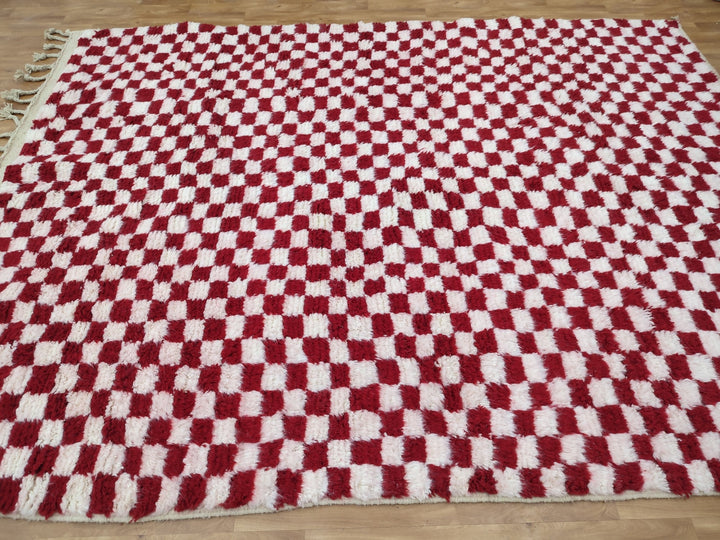 FABULOUS MOROCCAN RUG, Handmade Berber Carpet, Tribal Checkered Rug, Red And White Rug, Handwoven Sheep Wool Rug, Authentic Moroccan Rug.