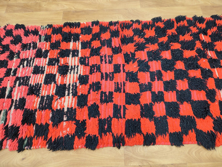 authentic moroccan rug,  tribal runner rug, checkered handmade rug, unique moroccan carpet, berber sheep wool rug, red and black rug.