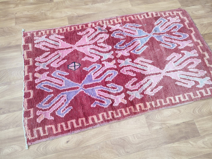 amazing moroccan rug,  handmade carpet, tribal berber rug, abstract maroon and pink rug, small sheep wool rug, wall hanging carpet.