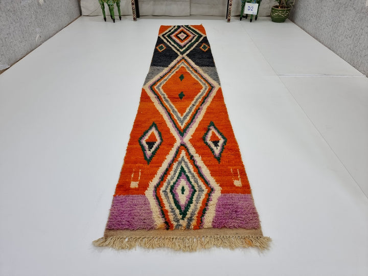 AMAZING MOROCCAN RUNNER, Geometric Rug, Boujad Rug, Sheep Wool Runner , Handmade Rug, Boujaad Rug, Berber Runner, Orange And Purple Rug