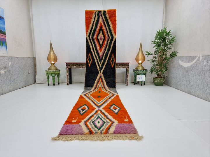 AMAZING MOROCCAN RUNNER, Geometric Rug, Boujad Rug, Sheep Wool Runner , Handmade Rug, Boujaad Rug, Berber Runner, Orange And Purple Rug