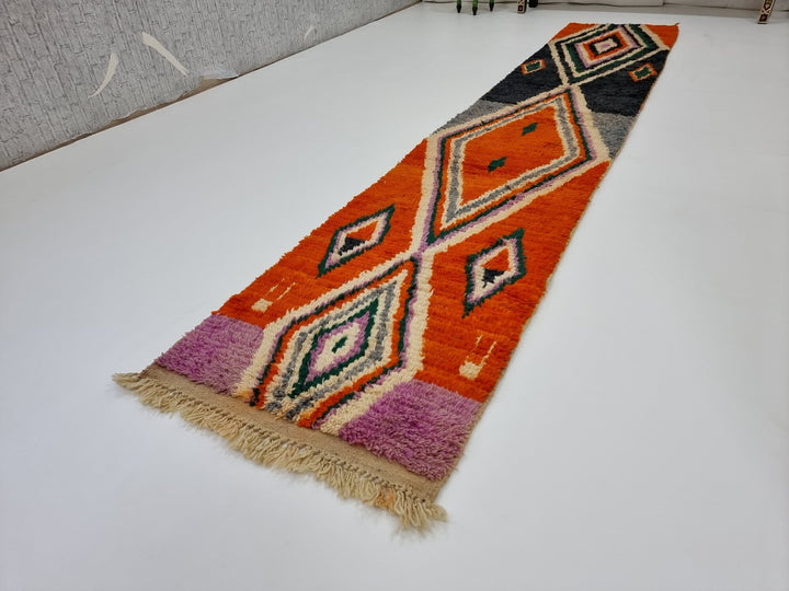 AMAZING MOROCCAN RUNNER, Geometric Rug, Boujad Rug, Sheep Wool Runner , Handmade Rug, Boujaad Rug, Berber Runner, Orange And Purple Rug