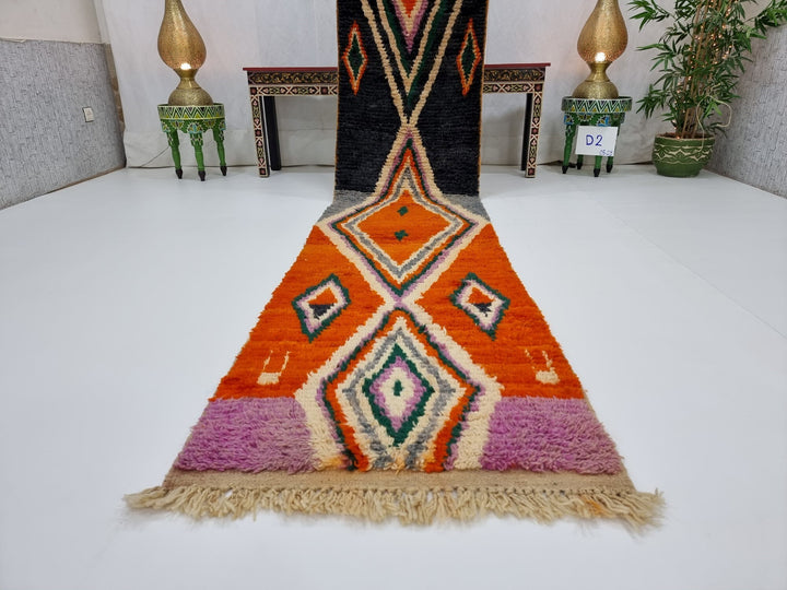 AMAZING MOROCCAN RUNNER, Geometric Rug, Boujad Rug, Sheep Wool Runner , Handmade Rug, Boujaad Rug, Berber Runner, Orange And Purple Rug