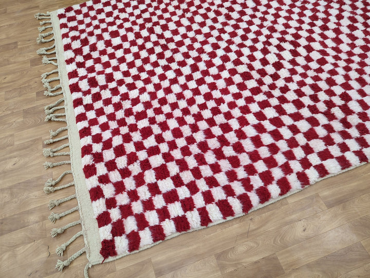 FABULOUS MOROCCAN RUG, Handmade Berber Carpet, Tribal Checkered Rug, Red And White Rug, Handwoven Sheep Wool Rug, Authentic Moroccan Rug.