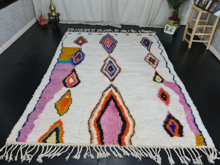 MOROCCAN AZILAL RUG Moroccan Handmade Rug  White Wool Rug  Pink Berber Carpet  Bohemian Handmade Rug  Abstract Rug  Winter Rug