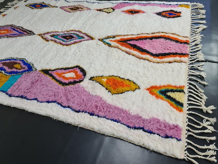 MOROCCAN AZILAL RUG Moroccan Handmade Rug  White Wool Rug  Pink Berber Carpet  Bohemian Handmade Rug  Abstract Rug  Winter Rug