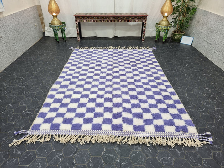 MOROCCAN BENIOURAIN RUG, Handmade Wool Rug, White And Iris Purple Carpet, Moroccan Berber Rug, Tribal Checkered Carpet, Azilal Checker Rug.