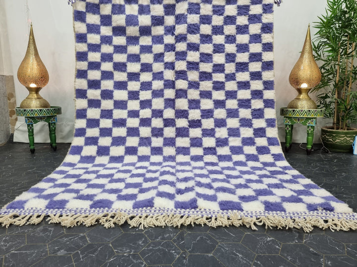 MOROCCAN BENIOURAIN RUG, Handmade Wool Rug, White And Iris Purple Carpet, Moroccan Berber Rug, Tribal Checkered Carpet, Azilal Checker Rug.