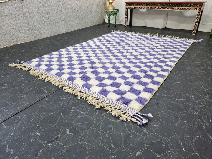 MOROCCAN BENIOURAIN RUG, Handmade Wool Rug, White And Iris Purple Carpet, Moroccan Berber Rug, Tribal Checkered Carpet, Azilal Checker Rug.