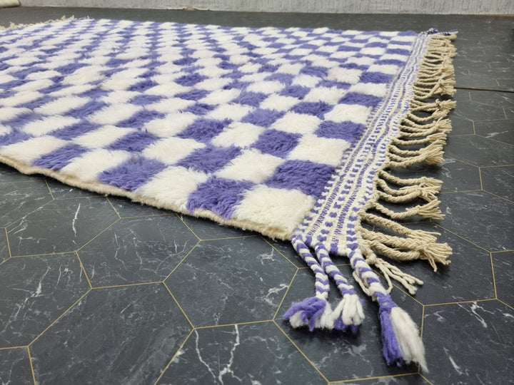 MOROCCAN BENIOURAIN RUG, Handmade Wool Rug, White And Iris Purple Carpet, Moroccan Berber Rug, Tribal Checkered Carpet, Azilal Checker Rug.