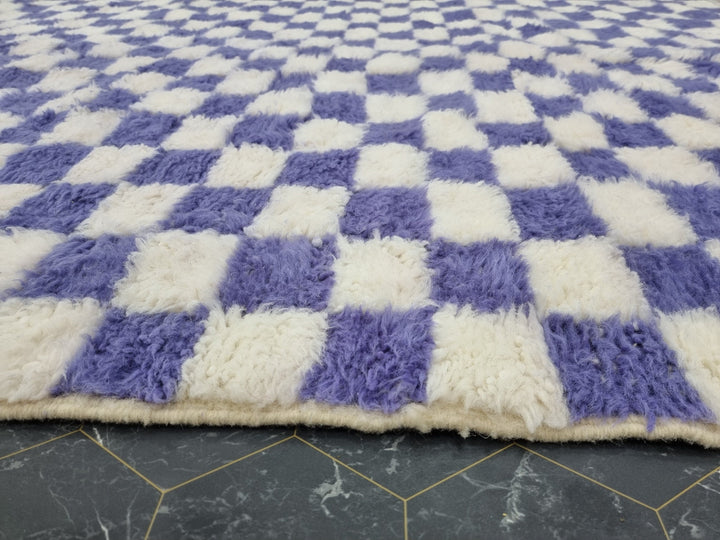 MOROCCAN BENIOURAIN RUG, Handmade Wool Rug, White And Iris Purple Carpet, Moroccan Berber Rug, Tribal Checkered Carpet, Azilal Checker Rug.