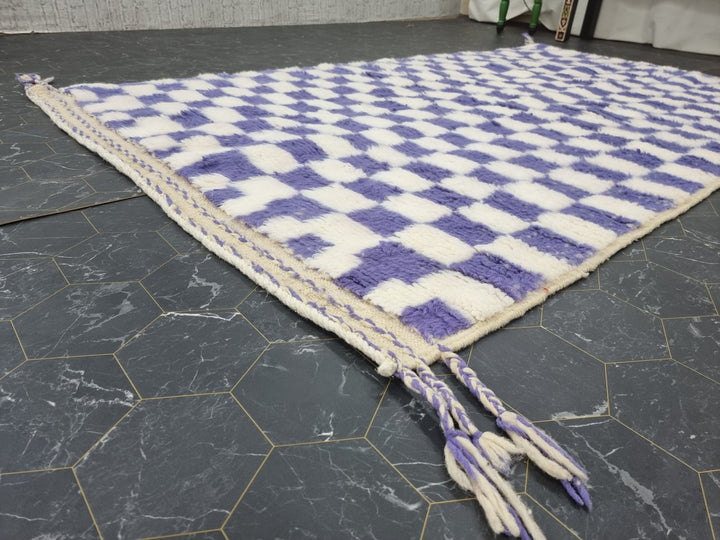 MOROCCAN BENIOURAIN RUG, Handmade Wool Rug, White And Iris Purple Carpet, Moroccan Berber Rug, Tribal Checkered Carpet, Azilal Checker Rug.