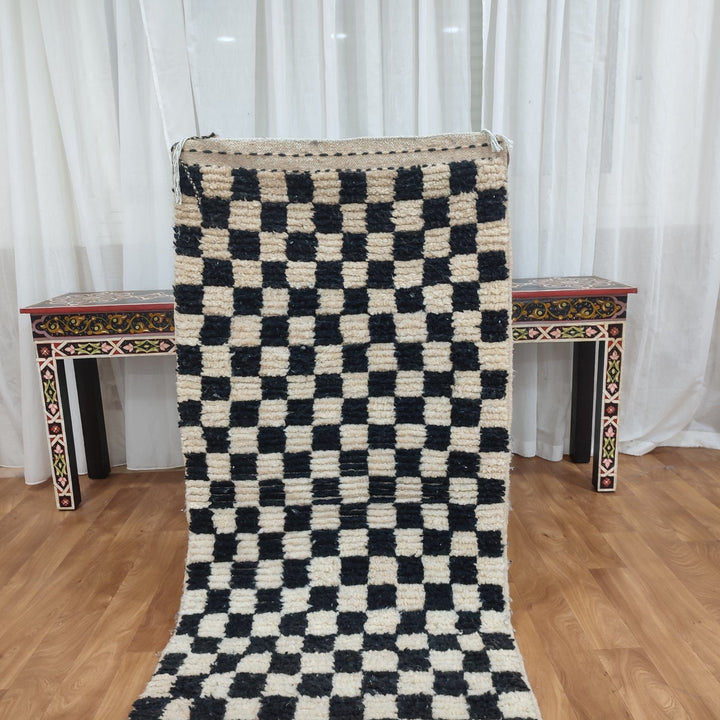 .  moroccan berber shaggy rug, black and white wool checkered rug, checkered rug, checkerboard rug, handmade checkered rug