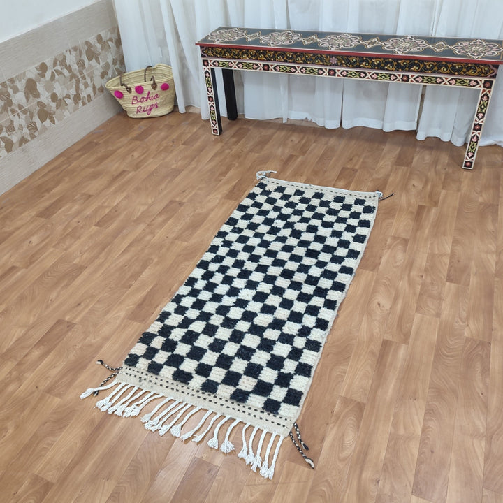 .  moroccan berber shaggy rug, black and white wool checkered rug, checkered rug, checkerboard rug, handmade checkered rug