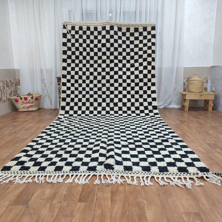 ..feet  moroccan berber shaggy rug, black and white wool checkered rug, checkered rug, checkerboard rug, handmade checkered rug