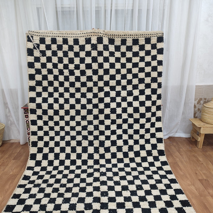 ..feet  moroccan berber shaggy rug, black and white wool checkered rug, checkered rug, checkerboard rug, handmade checkered rug