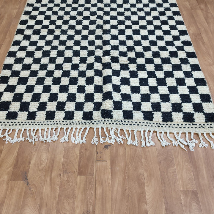 ..feet  moroccan berber shaggy rug, black and white wool checkered rug, checkered rug, checkerboard rug, handmade checkered rug