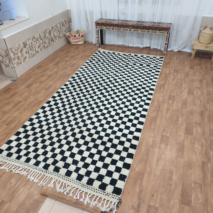 ..feet  moroccan berber shaggy rug, black and white wool checkered rug, checkered rug, checkerboard rug, handmade checkered rug