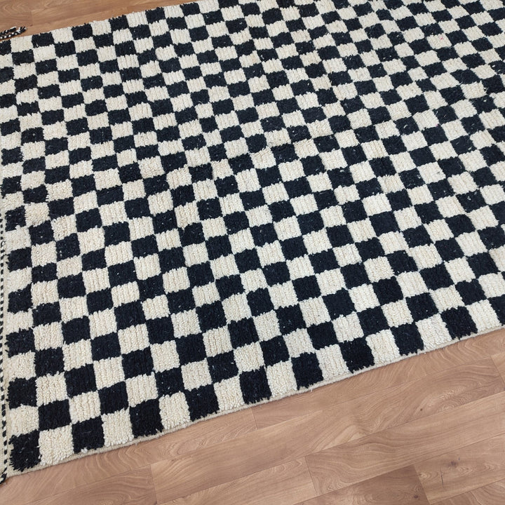 ..feet  moroccan berber shaggy rug, black and white wool checkered rug, checkered rug, checkerboard rug, handmade checkered rug