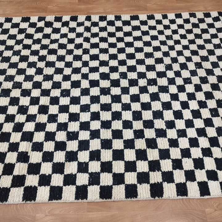 ..feet  moroccan berber shaggy rug, black and white wool checkered rug, checkered rug, checkerboard rug, handmade checkered rug