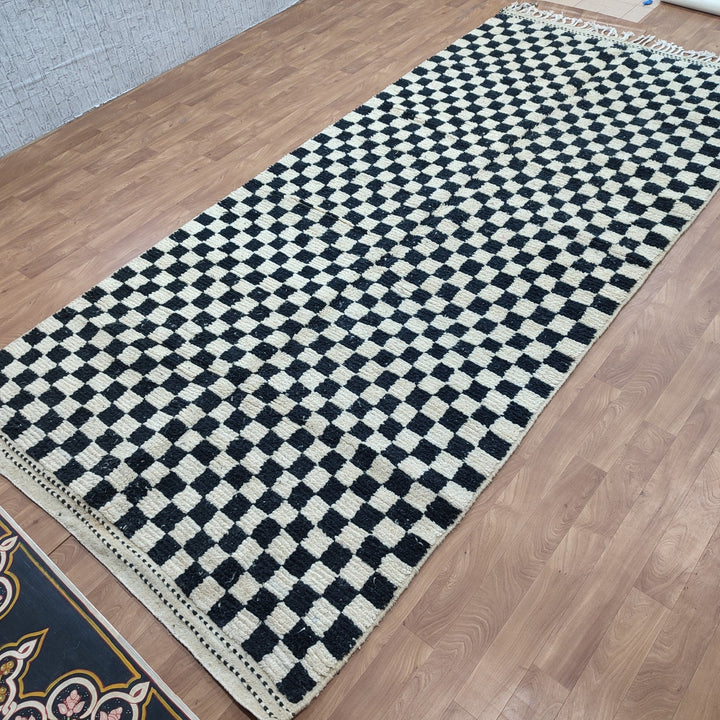 ..feet  moroccan berber shaggy rug, black and white wool checkered rug, checkered rug, checkerboard rug, handmade checkered rug