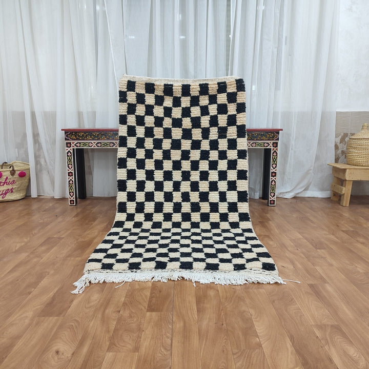 ..feet  moroccan berber shaggy rug, black and white wool checkered rug, checkered rug, checkerboard rug, handmade checkered rug