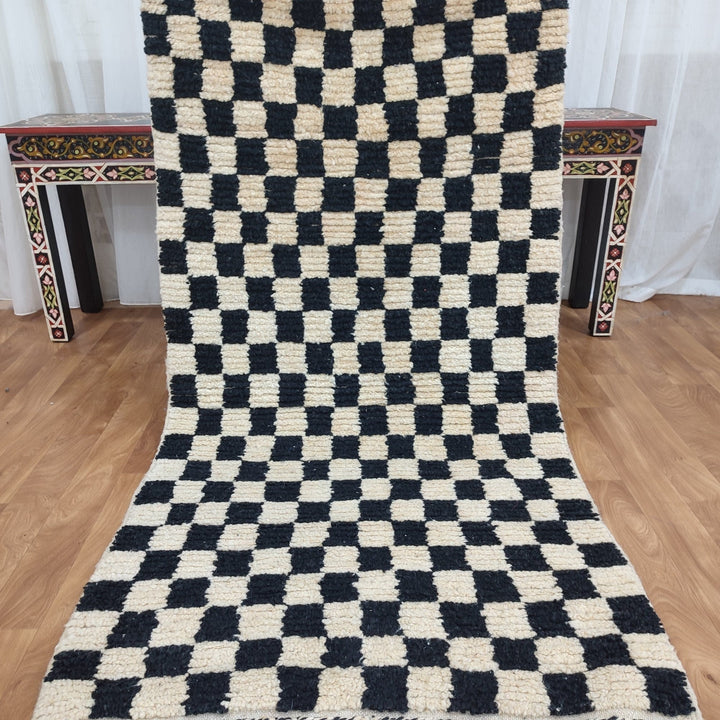 ..feet  moroccan berber shaggy rug, black and white wool checkered rug, checkered rug, checkerboard rug, handmade checkered rug