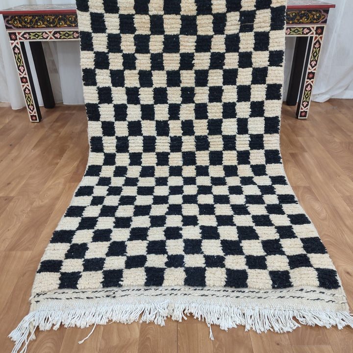 ..feet  moroccan berber shaggy rug, black and white wool checkered rug, checkered rug, checkerboard rug, handmade checkered rug