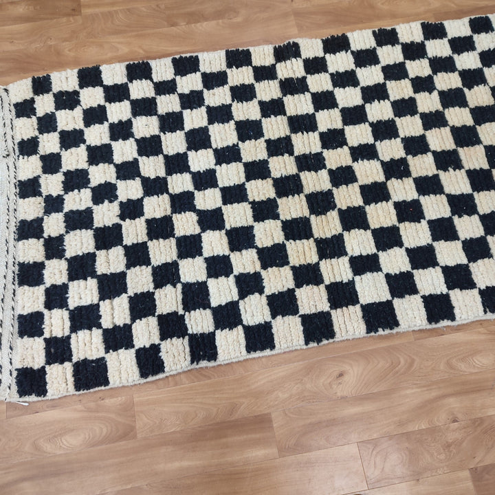 ..feet  moroccan berber shaggy rug, black and white wool checkered rug, checkered rug, checkerboard rug, handmade checkered rug